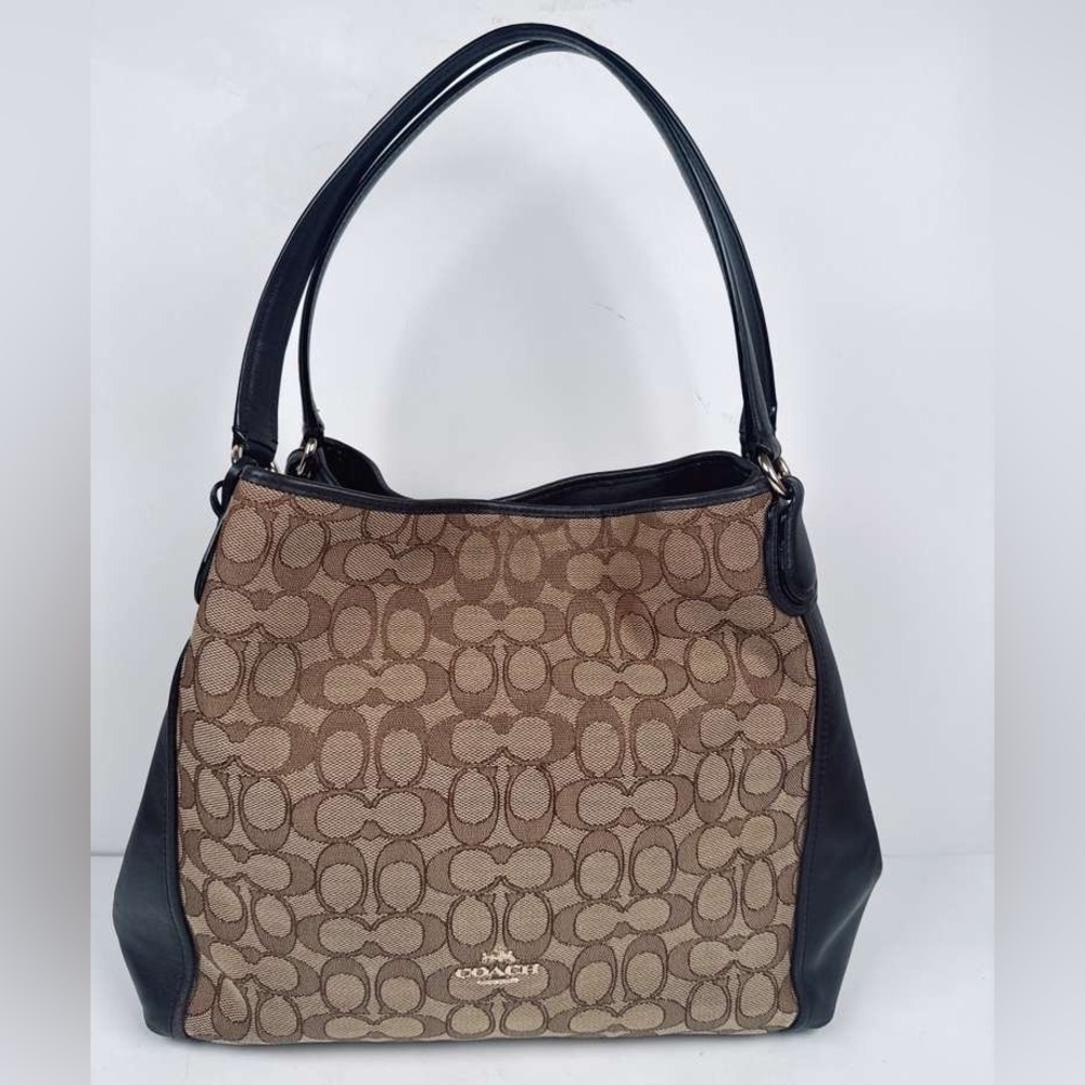 Coach Edie Beige/Brown Signature Canvas/Leather Satchel Shoulder Bag